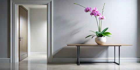 Contemporary entrance with sleek table and orchid