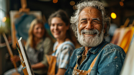 Obraz premium Joyful elderly artist smiling at an art event with friends in a vibrant gallery