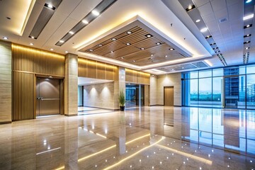 Obraz premium Contemporary lobby featuring illuminated walls and ceilings, unoccupied area, low angle view