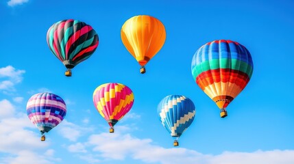Obraz premium A vibrant display of hot air balloons floats gracefully against a bright blue sky, creating a cheerful atmosphere. Generative AI
