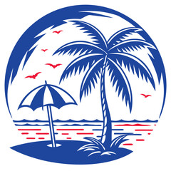 A beach scene with umbrella and coconut tree vector illustration