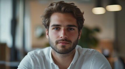 Obraz premium Close-up of a young entrepreneur with a confident expression, intense focus in their eyes, sitting in a modern office with soft lighting, showing ambition and drive in every detail of their face