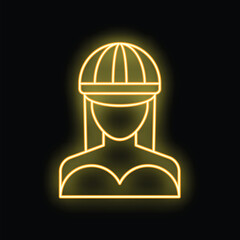 Yellow neon sign representing the bust of a woman wearing a beanie hat, on black background
