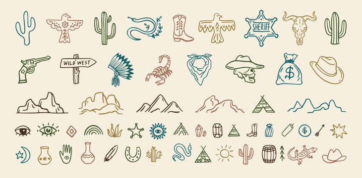Wild west cowboy doodle icon set. Hand drawn boho signs collection. Aztec southwestern elements set.