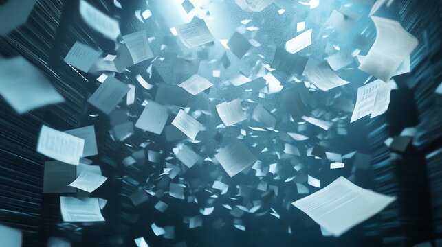 Floating digital documents, resembling sheets of paper or files, scattered throughout the scene.