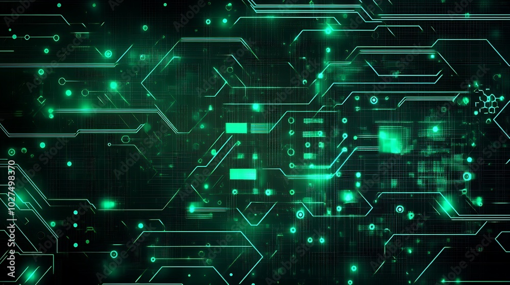Poster abstract green digital circuit board with glowing lines and dots.