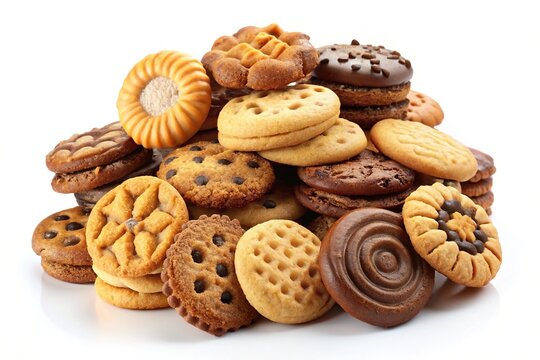 Cookies and biscuits in a group shot isolated on white background
