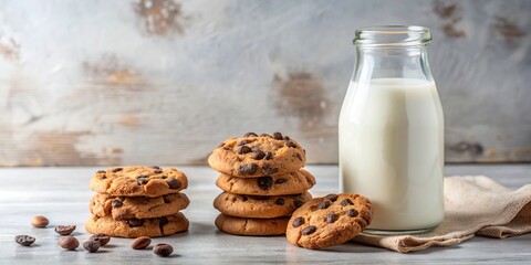 Cookies with chocolate chips and milk in a bottle on a light background Low Angle