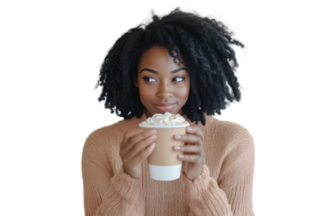 Isolated cut out black woman drinking pumpkin latte on transparent background