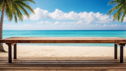 wooden table on a deck near sandy tropical beach with coconut tree for presentation product blue sky.jpg