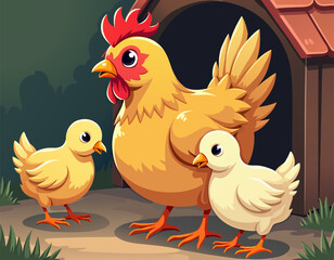 A chicken with two chicks in the farmyard