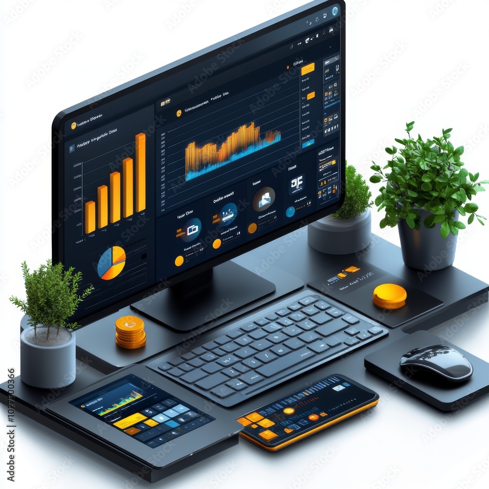 Poster a computer screen with a graphic of a computer and a computer monitor power bi data analysis