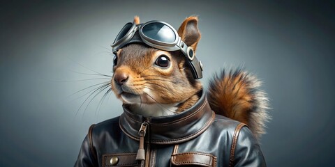 Cool squirrel wearing leather jacket and goggles reflected on a surface