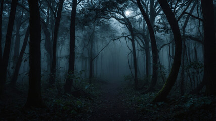 Fototapeta premium Dark Foggy Forest with Dense Trees at Night