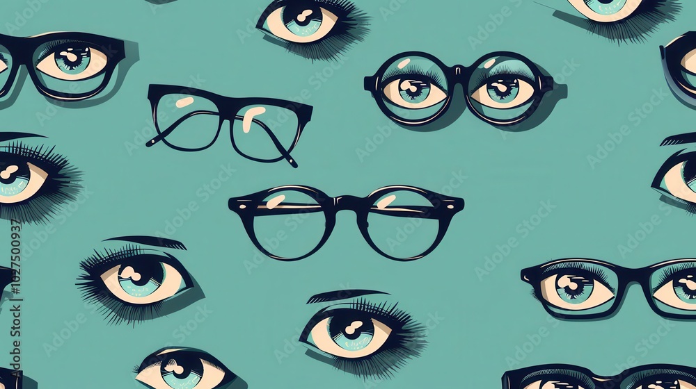 Poster this striking composition features various eyeglasses set against a backdrop of stylized, vibrant ey