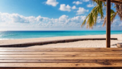Fototapeta premium wooden table on a sandy tropical beach with coconut tree under sunshine for presentation product sunny day
