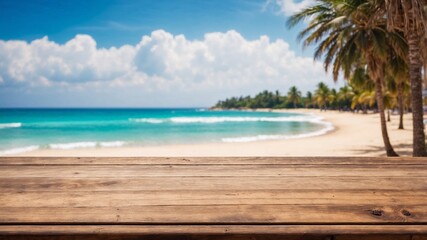 Fototapeta premium wooden table on a sandy tropical beach with coconut tree under sunshine for presentation product