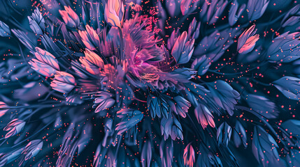 Close up of a flower with pink and blue petals. The flower is surrounded by a lot of small dots, giving it a very detailed and intricate appearance. The colors of the flower