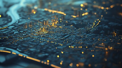 The map has a three-dimensional look, with some areas appearing more elevated due to the concentration of lights and documents.