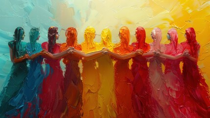 A close-up scene of women from different cultures standing in a supportive circle, hands clasped together, symbolizing unity and collective strength, woman empowerment concept, abstract painting
