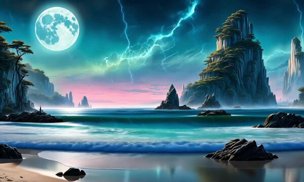 Aerial time-lapse of A surreal landscape with a glowing moon, waterfalls, and a shimmering ocean