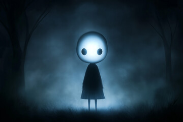 Luminous Figure in the Mist: A haunting and ethereal illustration of a solitary figure glowing in the darkness. The soft light illuminates the character's form.