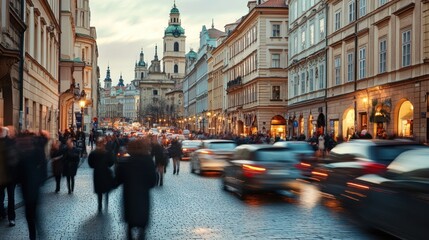 Fototapeta premium Blurred crowd and cars in a historical city, featuring classic architecture and cobblestone streets, with people and cars in motion, 