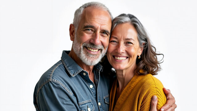 Portrait of a happy older interracial couple on transparent background (PNG) for diverse marketing campaigns