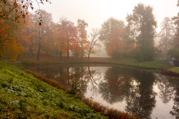 Morning autumn fog in Catherine park in Tsarskoe Selo (Pushkin), St. Petersburg, Russia