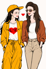 Two fashionable women wearing colorful outfits share a moment of friendship in an urban setting