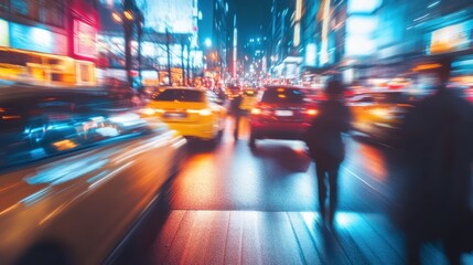 Blurred night city with people and cars, featuring a bustling urban scene with glowing streetlights, neon signs, and the motion blur of cars and pedestrians, capturing the energy of the city at night.