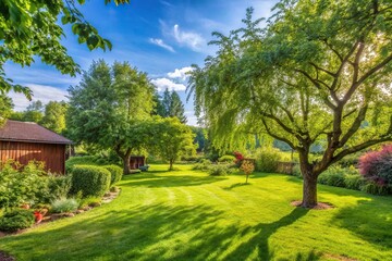 Obraz premium Countryside yard with trees and green foliage in summer