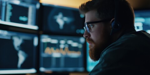 A bearded man in glasses and a headpiece intensely examines multiple computer screens. His focused gaze reflects the room's digital glow, creating a tech-savvy vibe.