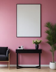 A modern living room interior design with a mock-up template, an empty poster frame on a pink wall 3d illustration, and an interior design mock-up image.