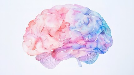 Watercolor brain illustration in minimalistic style, pastel colors, white background.