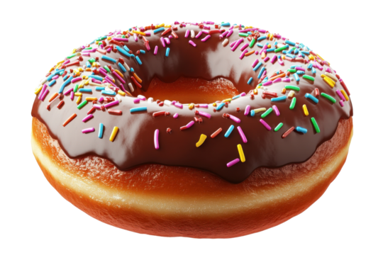 Delicious chocolate donut topped with colorful sprinkles on a white background.