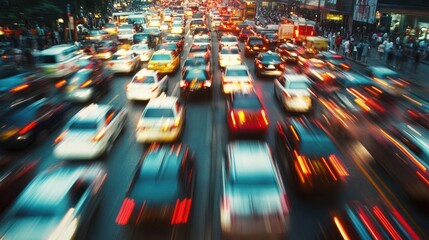 Blurred rush hour in a global city, depicting a dense crowd of people and vehicles in motion during rush hour, symbolizing the intense pace of life in a major metropolitan hub.