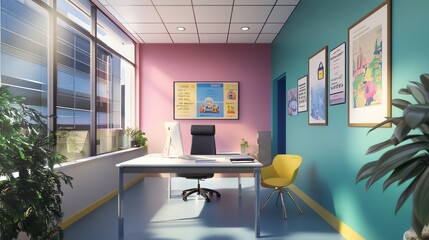 The walls of the room are adorned with motivational posters or company values.