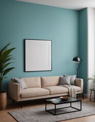 A modern living room interior design with a mock-up template, an empty poster frame on a wall 3d illustration, and an interior design mock-up image.