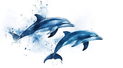 Fototapeta premium Two dolphins jumping together, vivid watercolor illustration, fluid motion, vibrant tones, white background