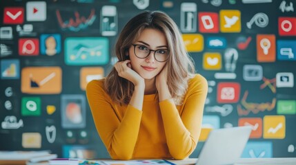 Business woman in digital marketing, surrounded by digital marketing tools, social media icons, and analytics dashboards, 