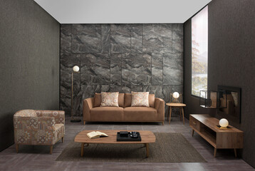 modern interior with stone wall decoration and sofa and parquet. decorative background for home, hotel, office