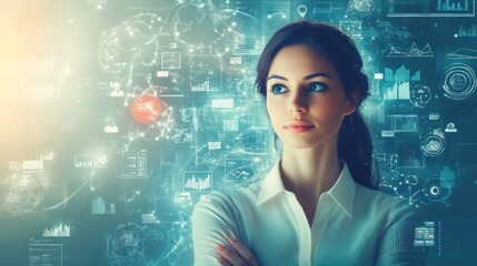 Business woman in digital marketing, surrounded by digital marketing tools, social media icons, and analytics dashboards, 