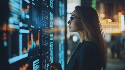 Business woman in financial services, featuring a professional with financial charts, stock market symbols, and digital financial tools, representing leadership in the finance and investment sectors.
