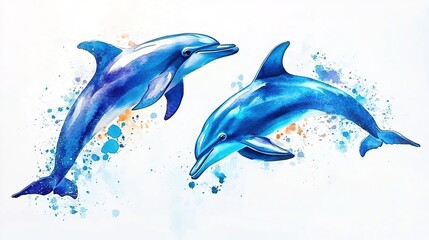 Obraz premium Vivid watercolor of two dolphins leaping together, vibrant colors, dynamic splash, white background