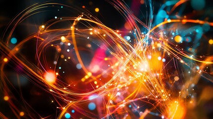 Obraz premium Thin light trails connecting various parts of the image, symbolizing data flow.