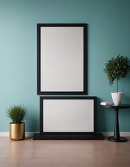 A modern living room interior design with a mock-up template, an empty poster frame on a wall 3d illustration, and an interior design mock-up image.