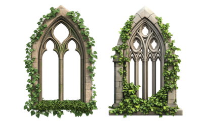 Gothic arch windows with ivy, white isolate background