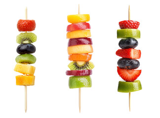 Colorful fruit skewers on wooden sticks, white isolate background.