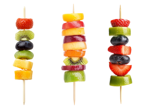 Colorful fruit skewers on wooden sticks, white isolate background.